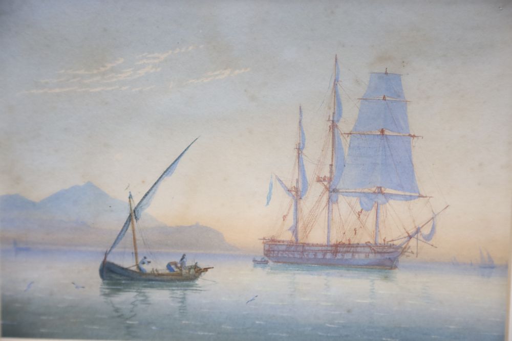 19th century English School, watercolour, Battleship under repair in a mediterranean harbour, 18 x 25.5cm